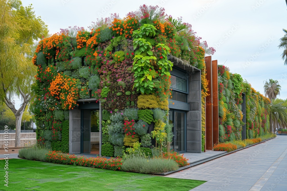 Poster contrast between a lush building covered in vibrant plants and flowers against the backdrop of a bus