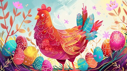 Illustration colorée d'une poule avec des oeufs de Pâques » IA générative