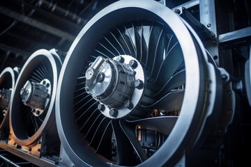 Detailed image of an impressive industrial cooling fan amidst the complex machinery in a bustling factory - obrazy, fototapety, plakaty