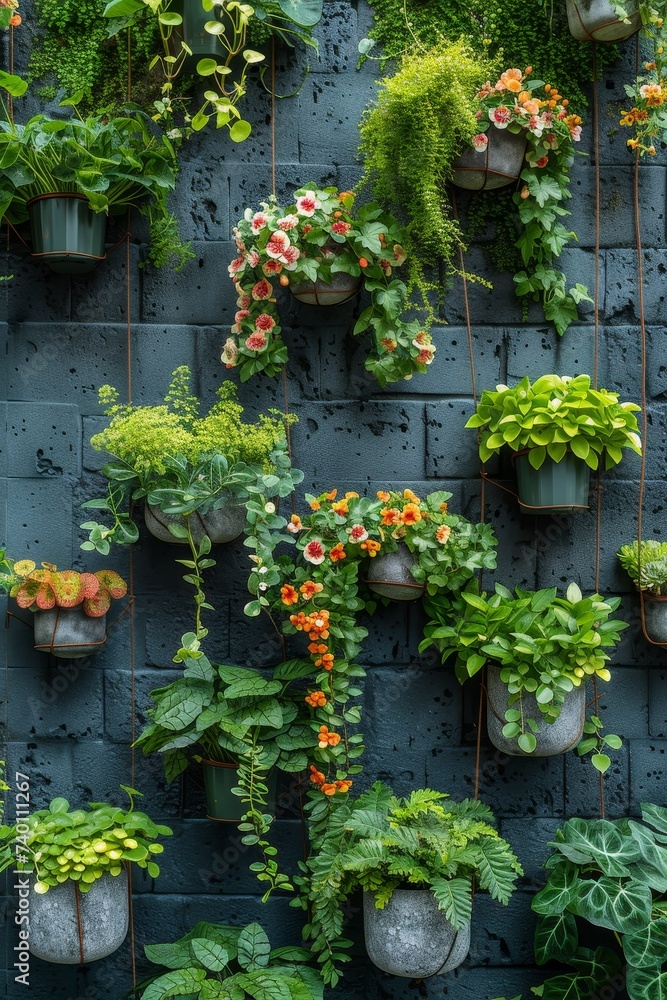 Poster a mesmerizing display of various plants thriving on a wall, creating a vibrant and natural tapestry 