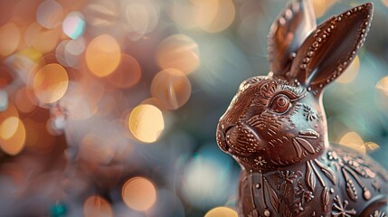 Lapin de Pâques en chocolat dans une ambiance lumineuse » IA générative - obrazy, fototapety, plakaty