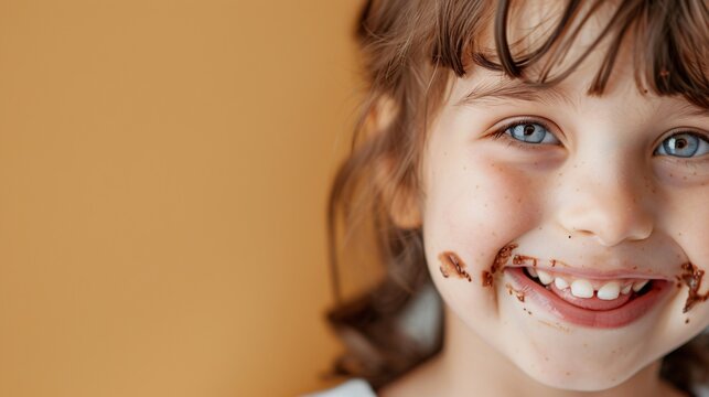 Jeune fille souriante avec du chocolat sur la bouche &raquo; IA g&eacute;n&eacute;rative