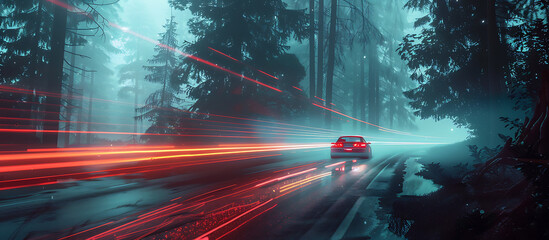 a shot of a car driving through the forest with light