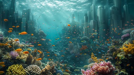 Imaginative depiction of an underwater cityscape teeming with vibrant coral reefs and a diversity of marine life in a surreal ocean setting.