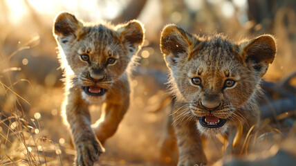 A lion cub playfully pounces on its sibling, their bond of family evident in every joyous movement. 