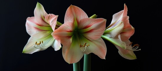 A photograph of Chiko, the black background Hippeastrum Amaryllis sybister, and another flower species arranged in a vase.