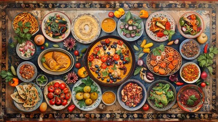 Obraz premium An overhead shot of a feast showcasing a variety of gourmet Middle Eastern dishes, rich in color and beautifully presented on ornate tableware.