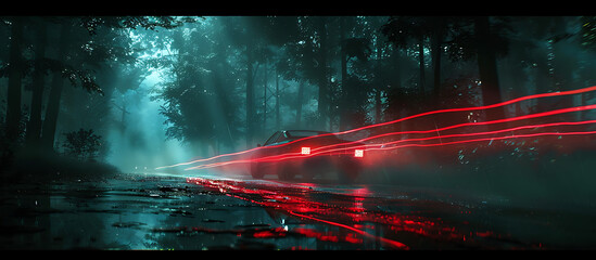 a shot of a car driving through the forest with light - obrazy, fototapety, plakaty