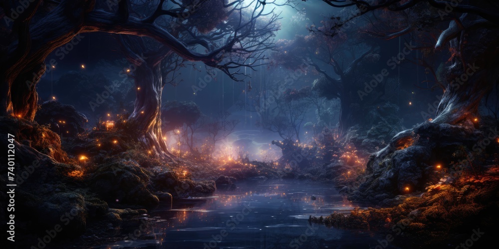 Poster dense dark forest with numerous trees generative ai
