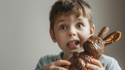 Garçon prêt à manger un lapin en chocolat de Pâques sur fond gris » IA générative - obrazy, fototapety, plakaty