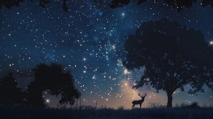 Fototapeta premium A lone stag stands in a meadow, its silhouette gracefully outlined against the expansive star-studded night sky, evoking a sense of calm and wonder.