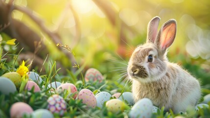 Jeune lapin dans l'herbe d'un jardin avec des oeufs de Pâques » IA générative