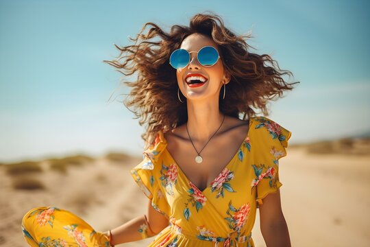 Stylish hipster woman exudes happiness in a summer dress. Concept Fashion, Summer Style, Happiness, Hipster Culture, Trendy Outfits