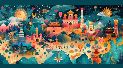 A colorful and intricate fantasy map, populated with mythical creatures, iconic landmarks, and celestial elements.