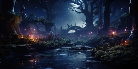 Naklejka premium Stream Flowing Through Night Forest Generative AI