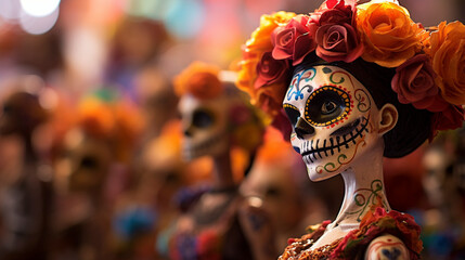 Catrina's Blurry Elegance: Skull Crown Glistens with Pearls as She Dances in Vibrant Colors, Holding a Fan of Memories, Generative AI