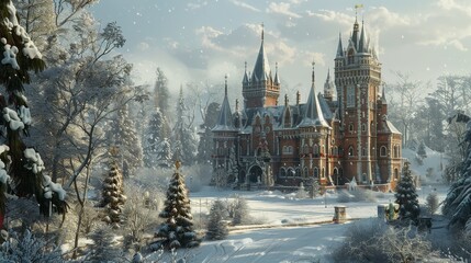 A Victorian-era castle stands majestic among a snow-laden forest, its spires reaching towards a clear winter sky.
