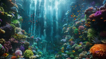 Sunlight filters through the clear blue ocean, illuminating a thriving coral reef bustling with marine life.