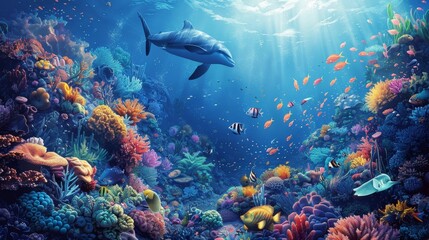 Fototapeta na wymiar A vibrant underwater scape showcasing a shark swimming among a multitude of colorful corals and tropical fish in sunlit waters.