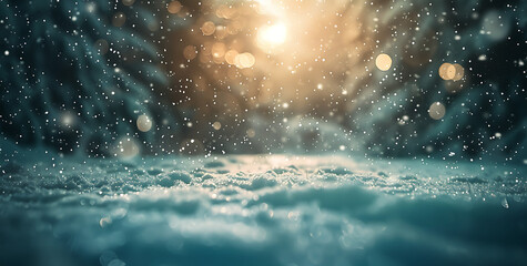 a snow covered ground with a light and stars in the s - obrazy, fototapety, plakaty