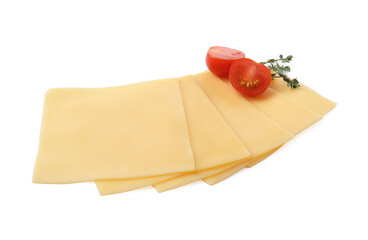 Slices of tasty fresh cheese, tomatoes and thyme isolated on white