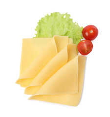 Slices of fresh cheese, tomatoes and lettuce isolated on white, top view