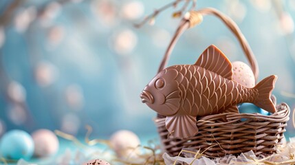 Obraz premium Gros poisson d'avril en chocolat dans un panier d'oeufs de Pâques » IA générative