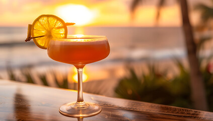 a tropical sunset cocktail with citrus and bananas on - obrazy, fototapety, plakaty