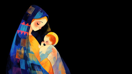 A colorful watercolor painting of the virgin mary and baby jesus isolated on black background