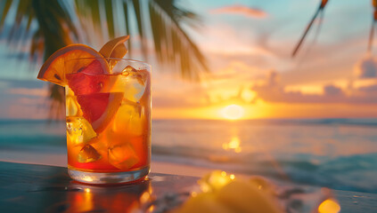 a tropical sunset cocktail with citrus and bananas on - obrazy, fototapety, plakaty