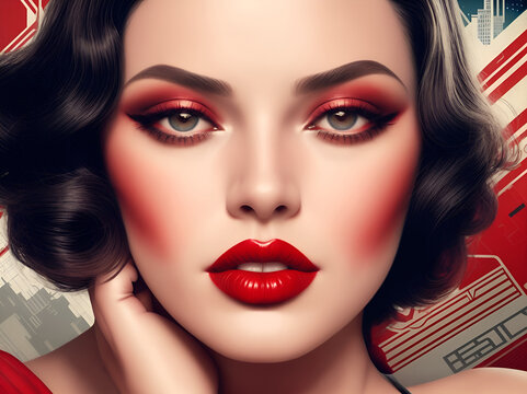 Retrato de cerca de una encantadora actriz con l&aacute;piz labial rojo, collage digital. afiche de estilo modernista de los a&ntilde;os 20. AI Generativa