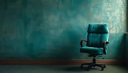 Fotobehang a turquoise office chair is sitting against a wall in © sdstudio