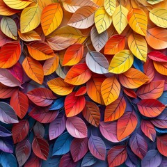 A vivid mosaic of autumn leaves crafted from paper, showcasing a spectrum of warm colors that evoke the cozy essence of fall.
