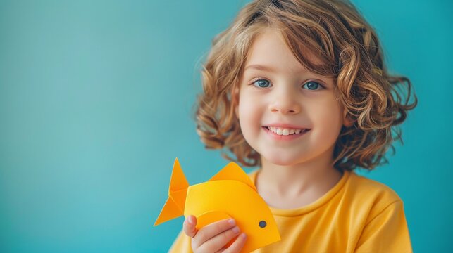 Enfant souriant  avec un poisson d'avril en papier sur fond turquoise » IA générative