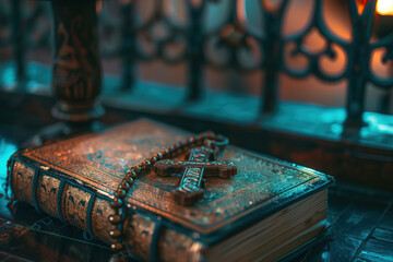 Closeup of an old bible and a cross. A slide background for showcasing Christian Religion. Background image. Created with Generative AI technology