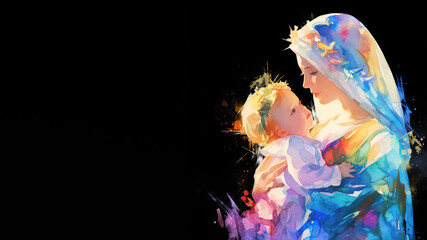 Mary and Jesus black background banner watercolor art