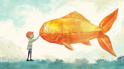 Illustration d'un enfant et son poisson rouge » IA générative - obrazy, fototapety, plakaty