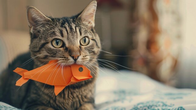 Chat gris avec un poisson d'avril en papier rouge dans la gueule &raquo; IA g&eacute;n&eacute;rative