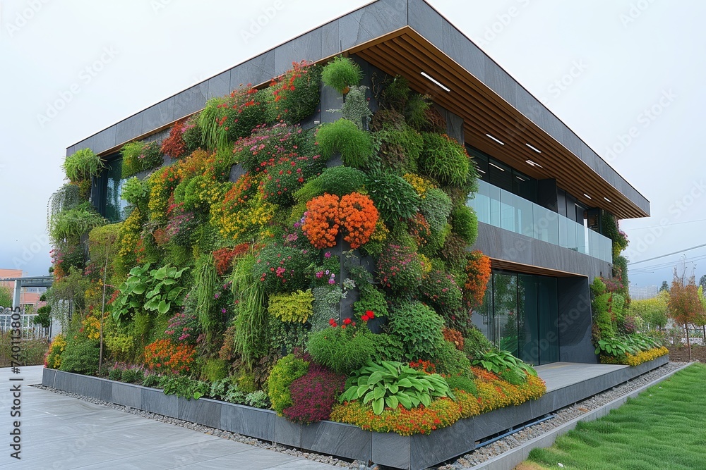 Poster lush tapestry of green plants and colorful flowers, creating a harmonious blend of architecture and 