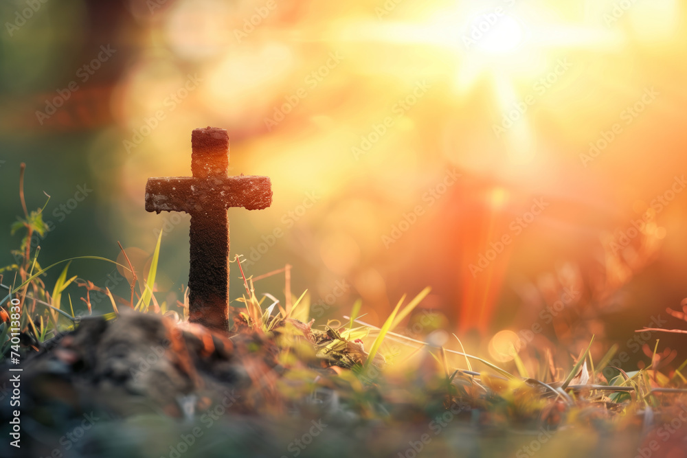 Poster cross in the grass. a slide background for showcasing christian religion. background image. created 