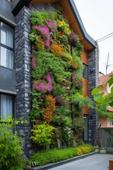 A picturesque building completely enveloped in a lush tapestry of green plants and colorful flowers, creating a harmonious blend of architecture and nature