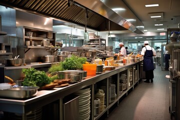 Inside the heart of a busy industrial galley kitchen with chefs at work and an abundance of fresh produce in the backdrop