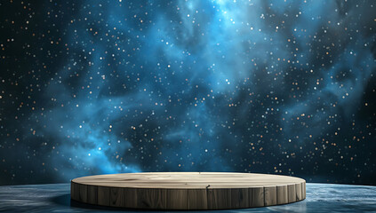 a wooden podium with starry background in the style o