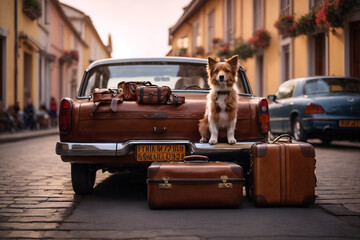 Old fashioned, vintage car in retro style, luggage, suitcases and dog are packed and ready for a trip, journey. Travel, active lifestyle concept.