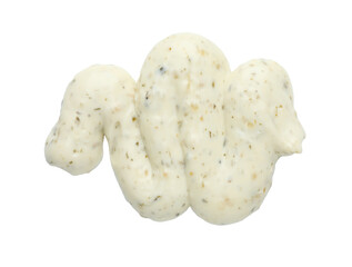 Tasty tartar sauce isolated on white, top view