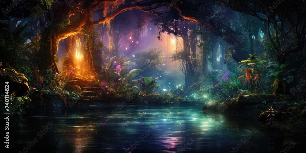 Poster enchanted forest with lush trees generative ai