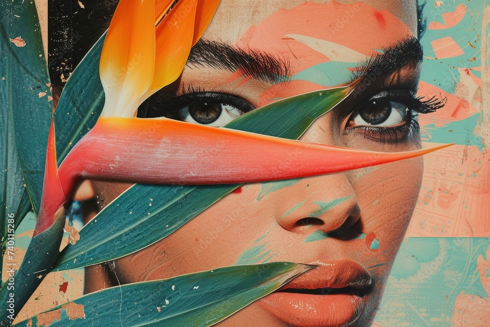 Poster collage capturing a womans face completely covered with vibran, tropical leaves, creating a mystical