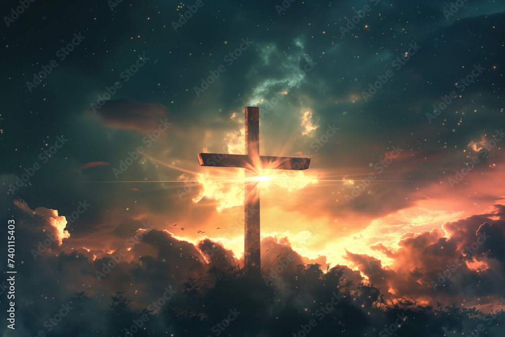 Poster cross at sunset. a slide background for showcasing christian religion. background image. created wit