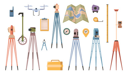 Surveyor or geodesy professional equipment. Vector flat cartoon, isolated map and measuring tape, tools and instrument for specialists. Geodesic tripod and walkie talkie, drone and cameras - obrazy, fototapety, plakaty