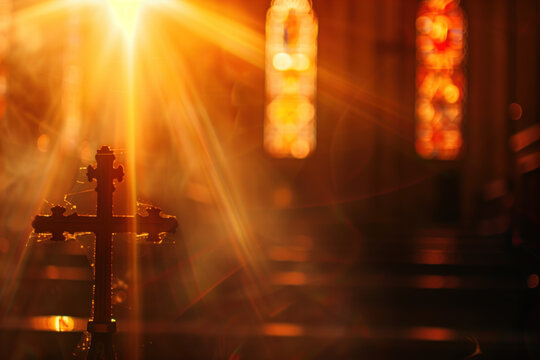 Cross in the church. A slide background for showcasing Christian Religion. Background image. Created with Generative AI technology